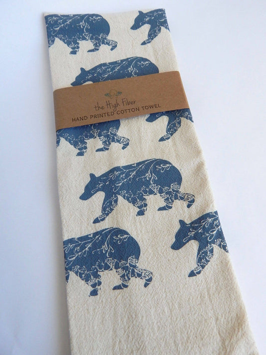 Bear Kitchen Towel, Handprinted Tea Towel