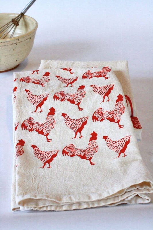 Chicken Kitchen Towel, Handprinted Chicken Towel, Rooster