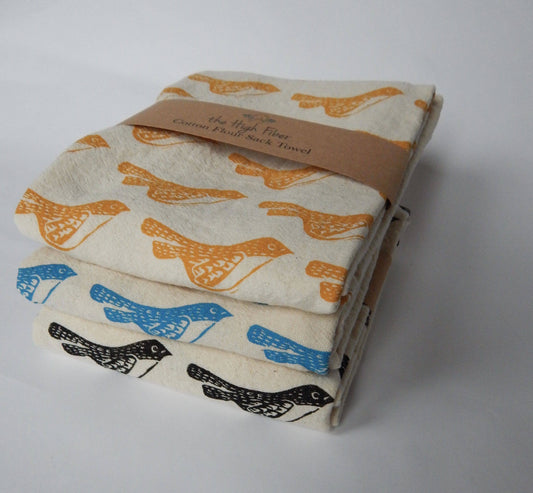 Bird Kitchen Towel, Handprinted Tea Towel