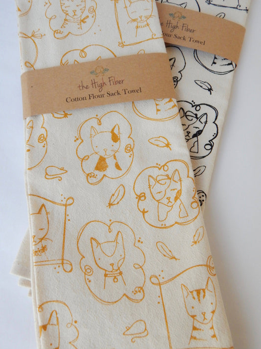 Cat Kitchen Towel, Handprinted Tea Towel, Cats