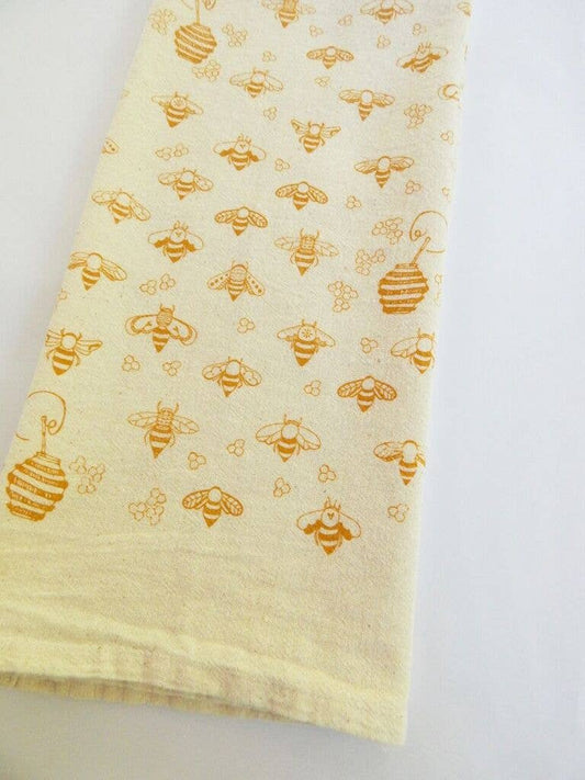 Bee Kitchen Towel, Handprinted Tea Towel: Gold on Natural