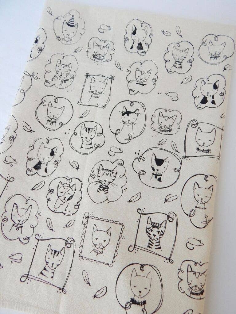 Cat Kitchen Towel, Handprinted Tea Towel, Cats