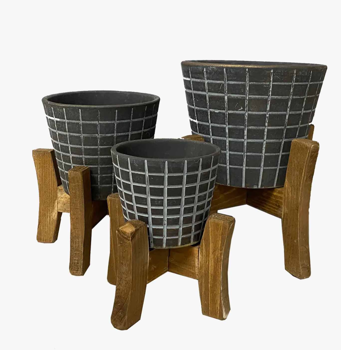 Grey and Gold Brushed Plant Pots with Wooden Stands